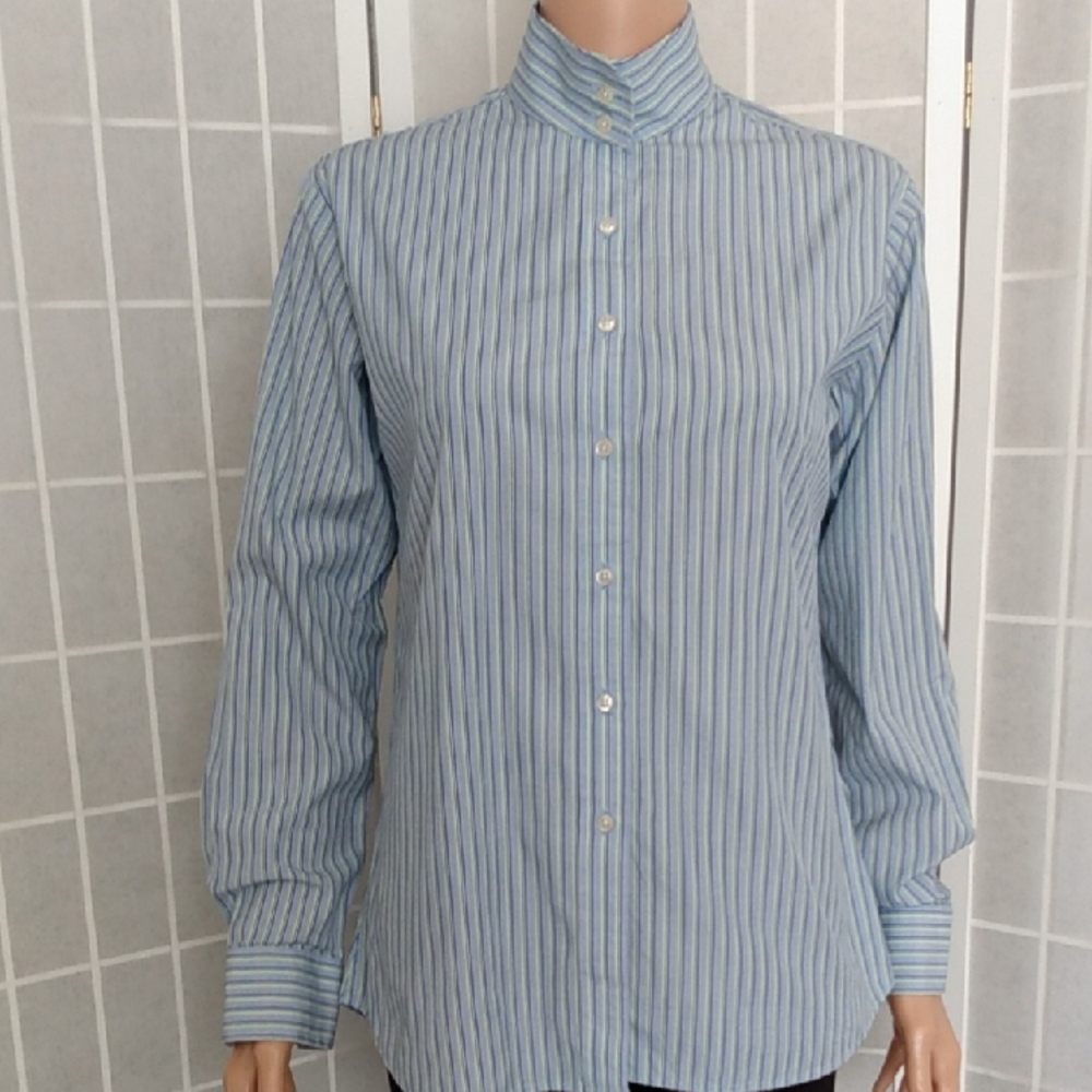 Beacon Hill Blue Woman's Striped‎ Dress Shirt W/ Button Cuff Sleeves Mock Collar
